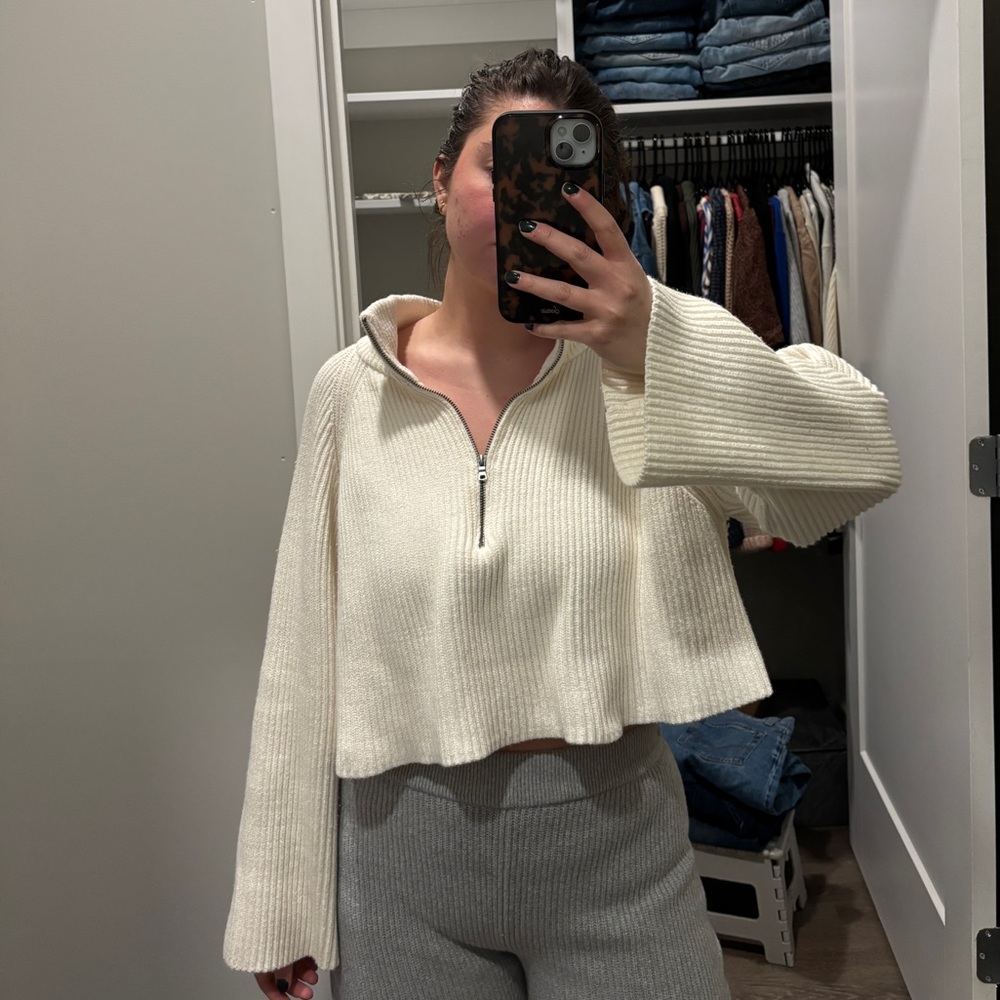 Free People Cream Ribbed Half-Zip Cropped Sweater